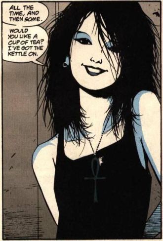 Death from The Sandman, wearing a tank top and smiling. A word bubble reads, "All the time, and then some. Would you like a cup of tea? I've got the kettle on."