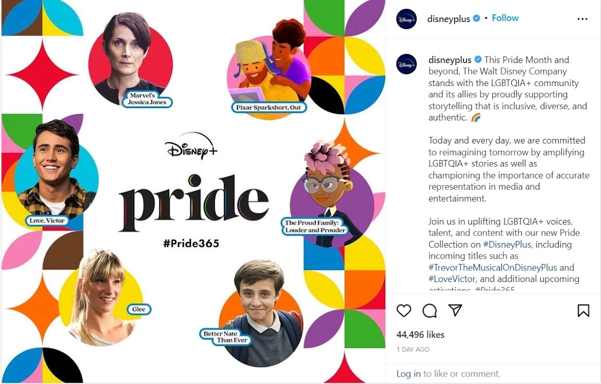 Disney Pride month Instagram post, showcasing GLEE, Love Victor, Proud Family Louder and Prouder, Marvel's Jessica Jones, Better Nate than Ever, Pixar Sparkshort, Out.