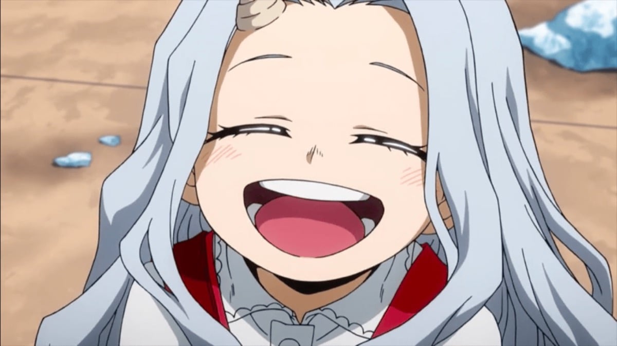 Eri looking up at the camera with a wide smile in My Hero Academia.