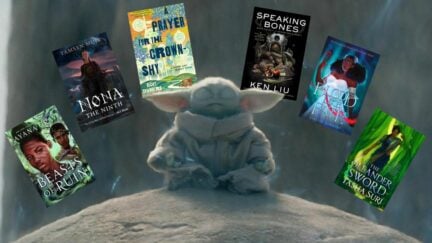 Grogu meditating next around floating 2022 books. Image: Lucasfilms, G.P. Putnam's Sons Books for Young Readers, Tordotcom, Gallery / Saga Press, Margaret K. McElderry Books, and Orbit.