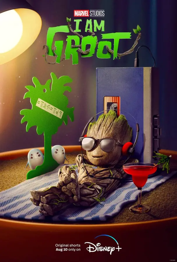 Poster for Marvel's "I Am Groot," showing Groot listening to music on a beach towel.