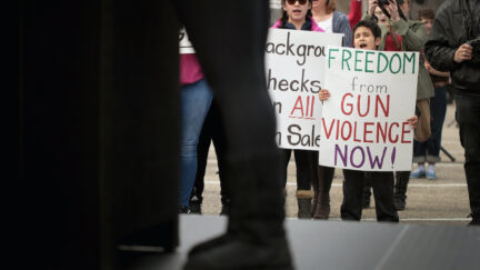 Protesters hold gun safety signs at a rally.