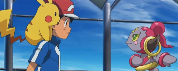 Ash and a Pokémon look each other in the face.