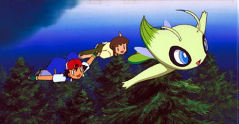 Celebi and Ash fly in its Pokémon movie