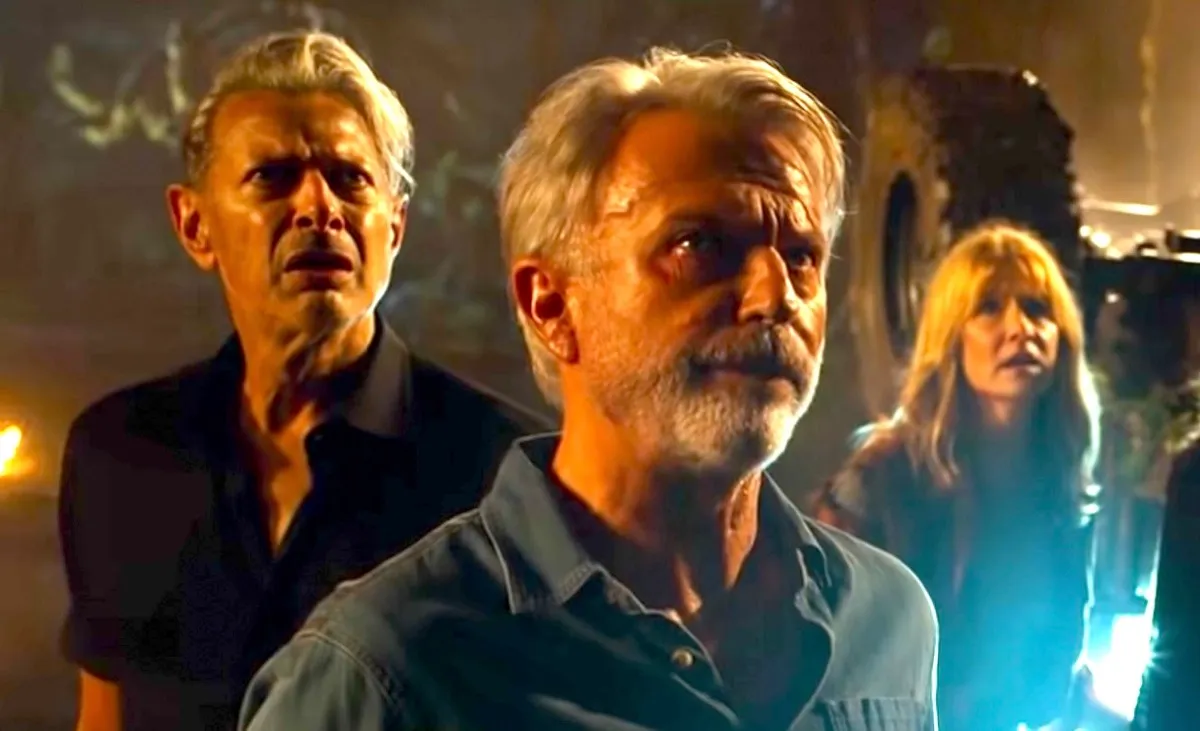Sam Neill, Laura Dern, and Jeff Goldblum in Jurassic Park: Dominion.