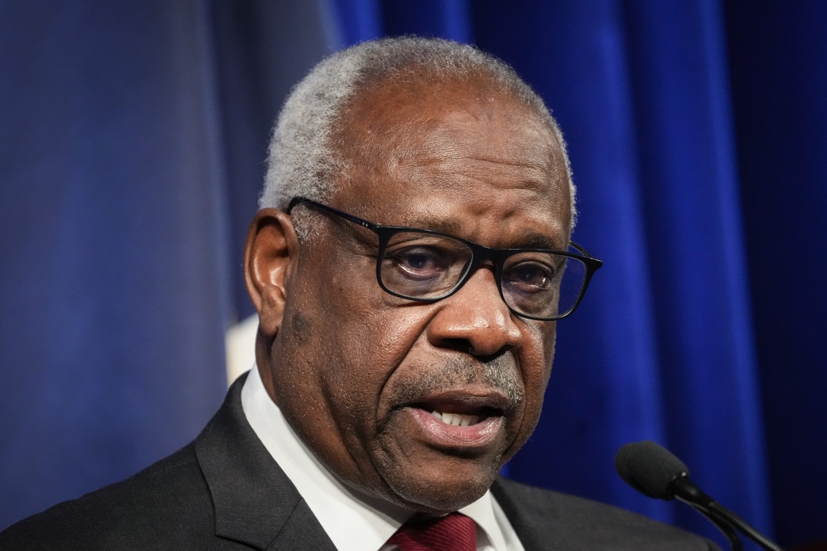 WASHINGTON, DC - OCTOBER 21: Associate Supreme Court Justice Clarence Thomas speaks at the Heritage Foundation on October 21, 2021 in Washington, DC. Clarence Thomas has now served on the Supreme Court for 30 years. He was nominated by former President George H. W.  Bush in 1991 and is the second African-American to serve on the high court, following Justice Thurgood Marshall. (Photo by Drew Angerer/Getty Images)