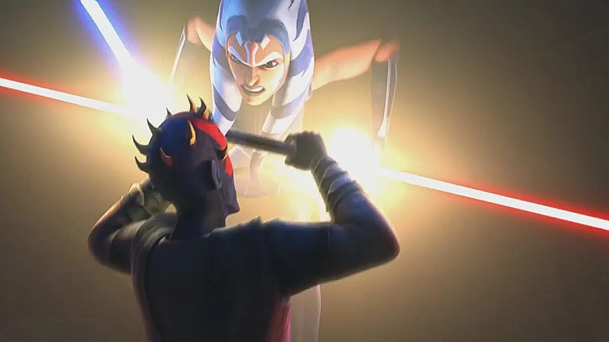 Darth Maul and Ahsoka Tano duel with lightsabers in Star Wars: The Clone Wars, season 7