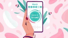 Flat tracker of menstrual period on calendar. Woman hand holding mobile phone to keep track of menstruation cycles. Girl monitoring ovulation or pregnancy period by tracking app on smartphone screen. Image: Getty/Hanna Siamashka.