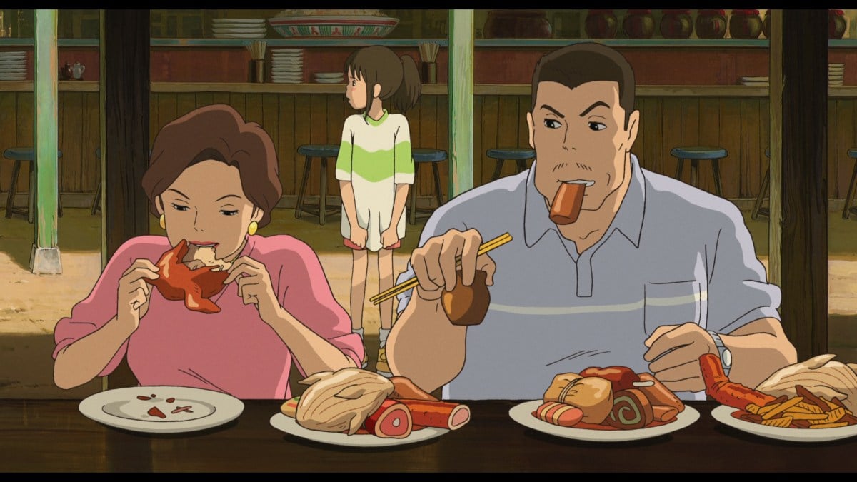 Chihiro and her parents in Spirited Away