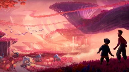 Two characters looking at the large pink landscape in Strange World. Image: Disney.