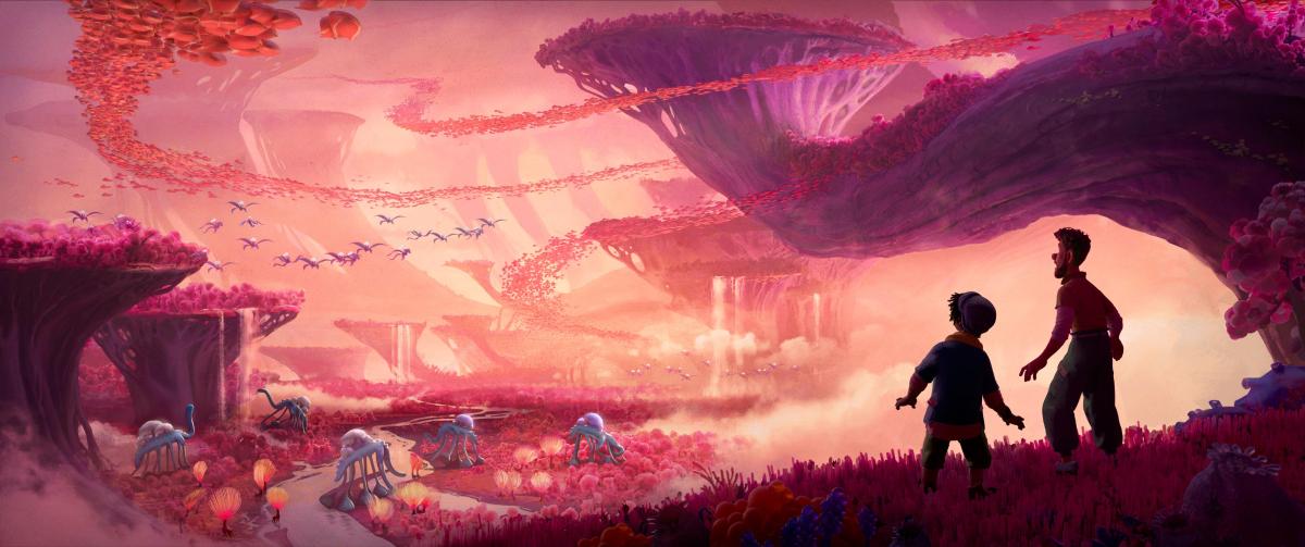 Two characters looking at the large pink landscape in Strange World. Image: Disney.