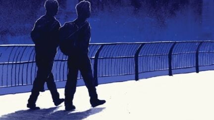 Two young men walk along a cityscape in the book cover for 'They Both Die in the End'
