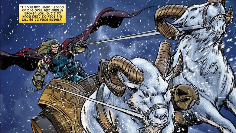 Thor and his magical goats Toothgnasher and Toothgrinder pictured in a Marvel Comics panel