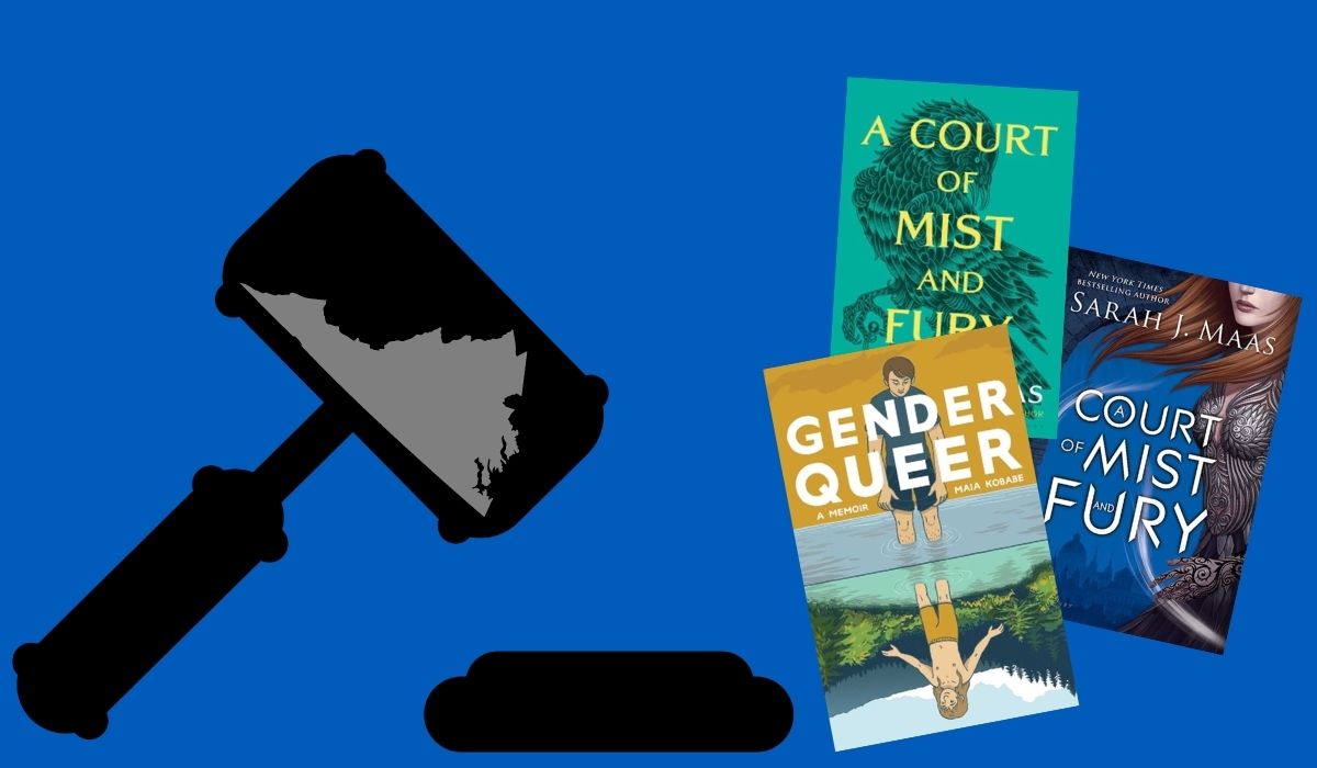 Virgina gavel coming down next to books 'A Court of Mist and Fury" by SarahJ. Maas and "Gender Queer" by Maia Kobabe. Image: Alyssa Shotwell, Bloomsbury, and Oni Press.