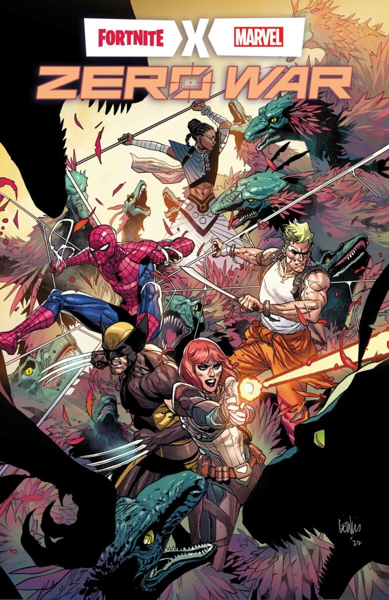 Shuri, Spider-Man, Wolverine and two Fortnite characters in the jungle fighting raptors.  Number 3. Image: Marvel.