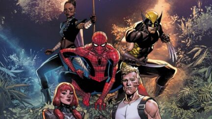 Shuri, Spider-Man, Wolverine, and two Fortnite characters in the jungle. Image: Fortnite & Marvel.