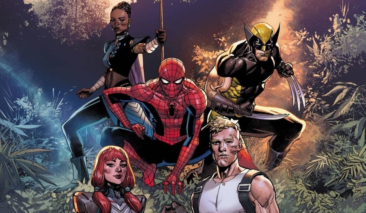 Shuri, Spider-Man, Wolverine, and two Fortnite characters in the jungle. Image: Fortnite & Marvel.