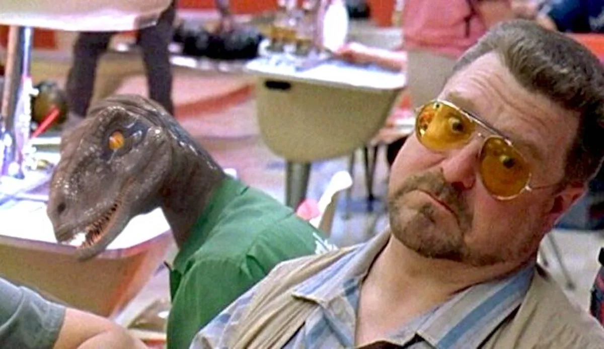 Walter and Donny in The Big Lebowski, but Donny is a velociraptor.