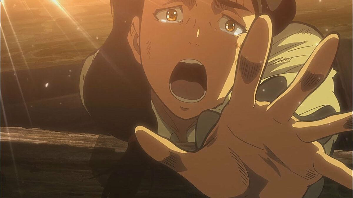 Carla Yeager in the first episode of Attack on Titan crushed under debris and crying out