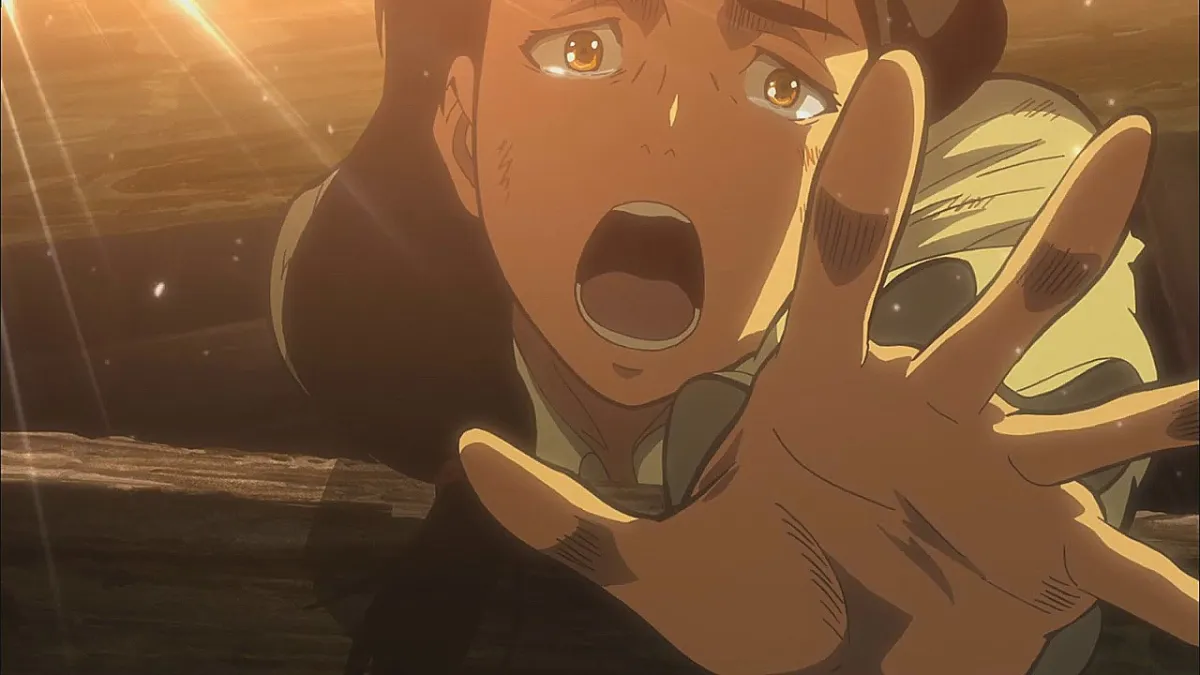 Carla Yeager in the first episode of Attack on Titan crushed under debris and crying out