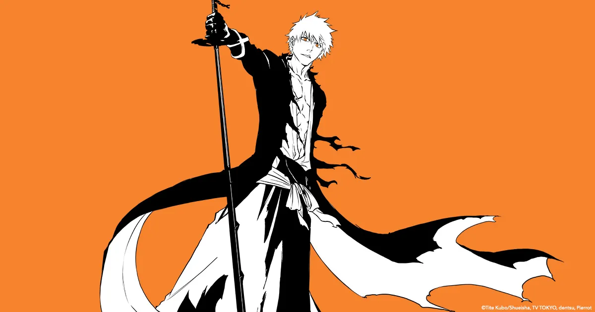 Ichigo Kurosaki stood with his Zanpakto  and Shinigami uniform in black and white with an orange background 