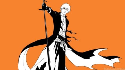 Ichigo Kurosaki stood with his Zanpakto and Shinigami uniform in black and white with an orange background