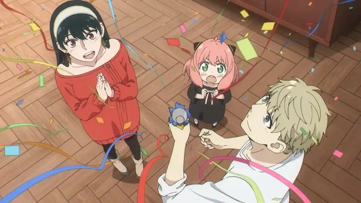 Loid, Yor, and Anya Forger celebrate Anya passes her exam in Spy X Family