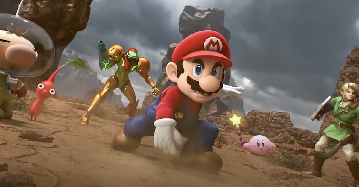 Mario, Link, Kirby, Samus, Olimar, and a Pikmin from a Smash Bros reveal trailer