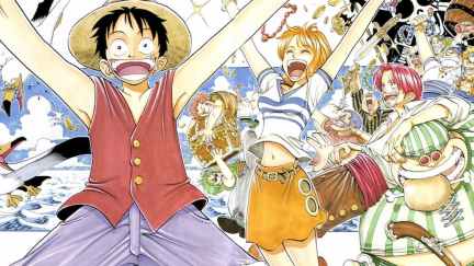 Luffy, Nami, and Shanks featured on the color image ahead of One Piece chapter 1