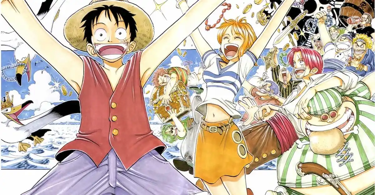 Luffy, Nami, and Shanks featured on the color image ahead of One Piece chapter 1