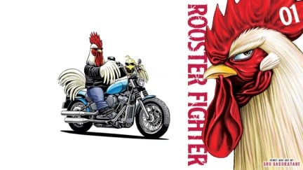 Rooster and chick on a bike