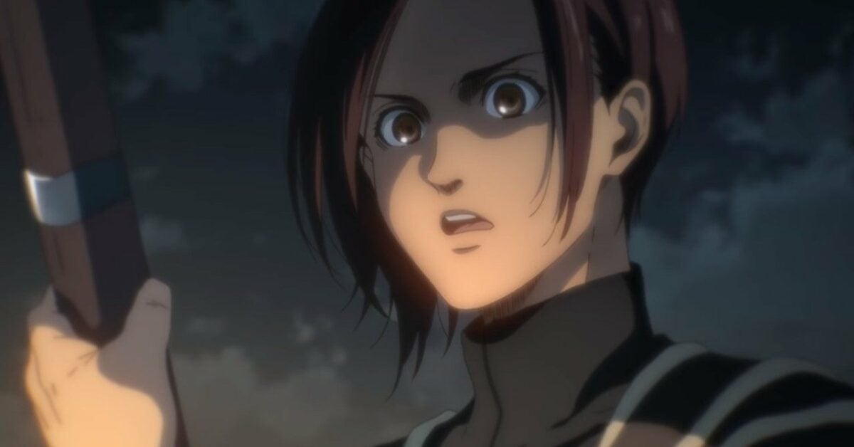 Sasha Braus stood with a gun in Marely in the fourth season of Attack on Titan