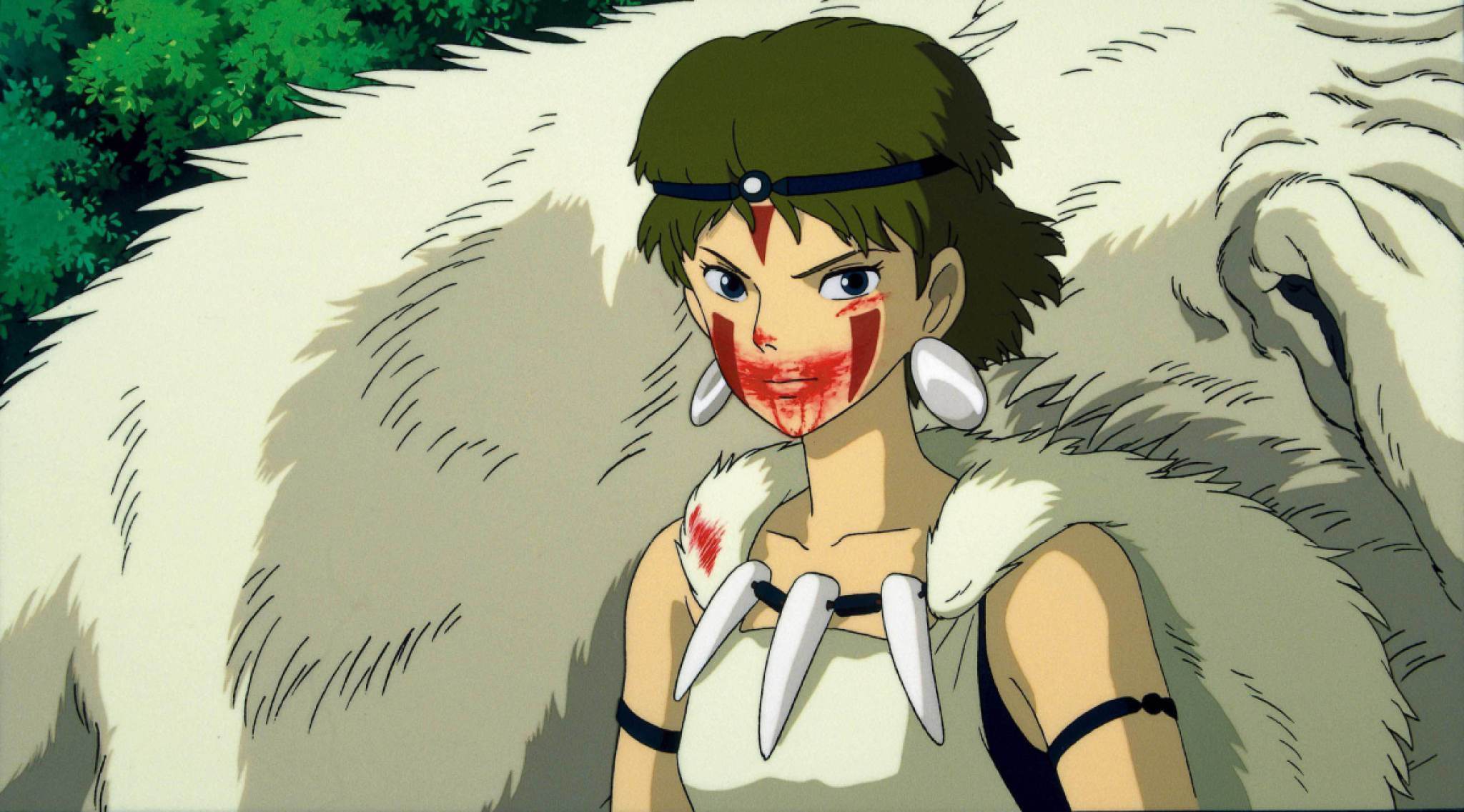 San with blood smeared over her face with Moro in the background