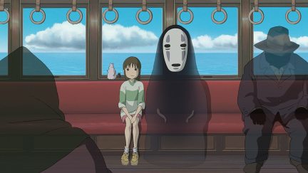 Chihiro and No-Face travelling to Swamp Bottom via the The Sea Railway
