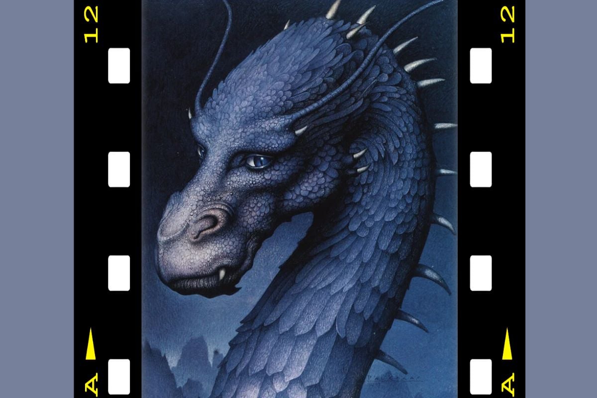 Book cover of Eragon inside film strip. Image: Alfred A. Knopf Books for Young Readers.