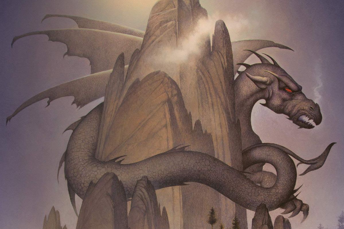 Dragon wrapped around a mountain from "The Fork, the Witch, and the Worm." Image: Alfred A. Knopf Books for Young Readers.