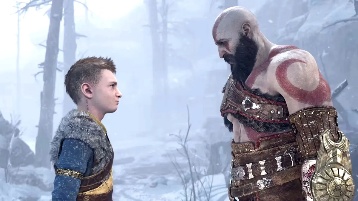 Kratos and Atreus facing each other in God of War Ragnarök