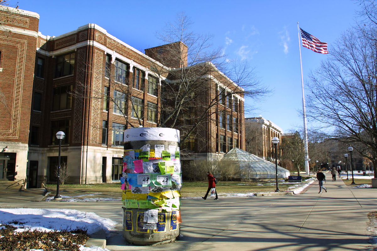 The outside of a large brick building on the University of Michigan campus.
