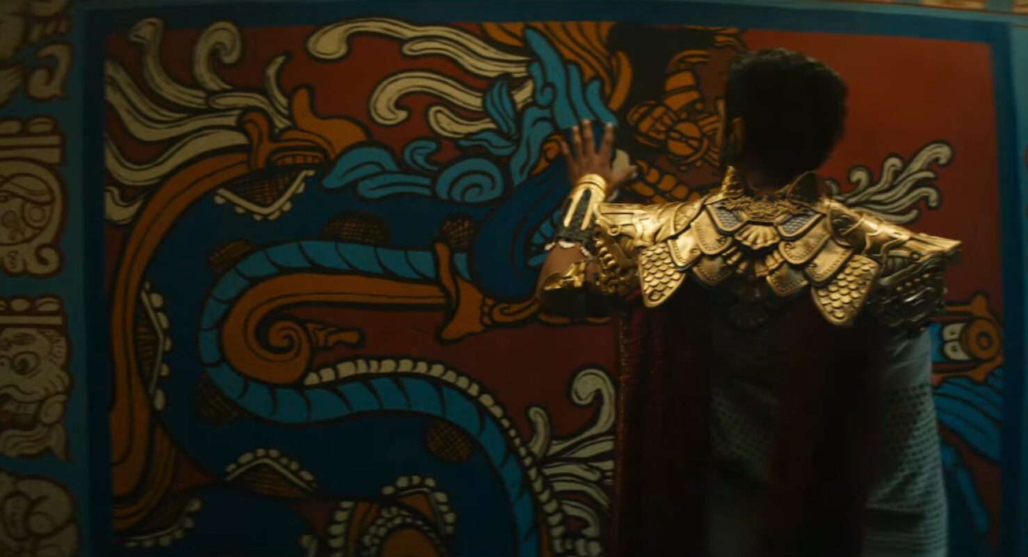 screencap from Black Panther: Wakanda Forever showing probably Namor looking at Aztec styled wall. Image: Marvel Entertainment.