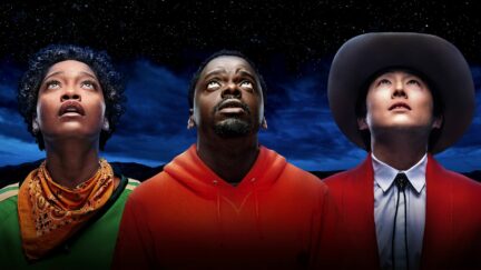 Keke Palmer, Daniel Kaluuya, and Steven Yeun looking up for the NOPE poster. Image: Universal Pictures.