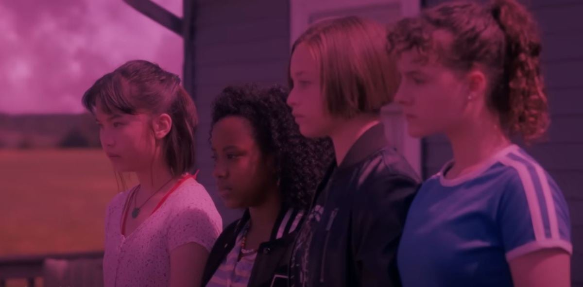 Front to back: Fina Strazza (K.J.), Sofia Rosinsky (Mac), Camryn Jones (Tiffany), and Riley Lai Nelet (Erin) in 'Paper Girls.' Image: screencap.