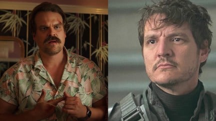 David Harbour in Stranger Things and Pedro Pascal in the Mandalorian