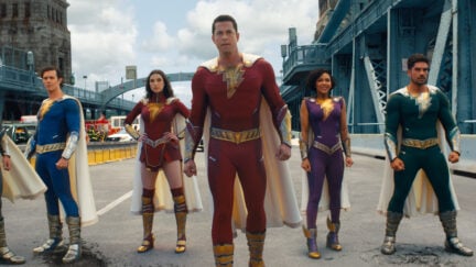 (L-r) ROSS BUTLER as Super Hero Eugene, ADAM BRODY as Super Hero Freddy, GRACE CAROLINE CURREY as Super Hero Mary, ZACHARY LEVI as Shazam, MEAGAN GOOD as Super Hero Darla and D.J. COTRONA as Super Hero Pedro in New Line Cinema’s action adventure “SHAZAM! FURY OF THE GODS,” a Warner Bros. Pictures release.