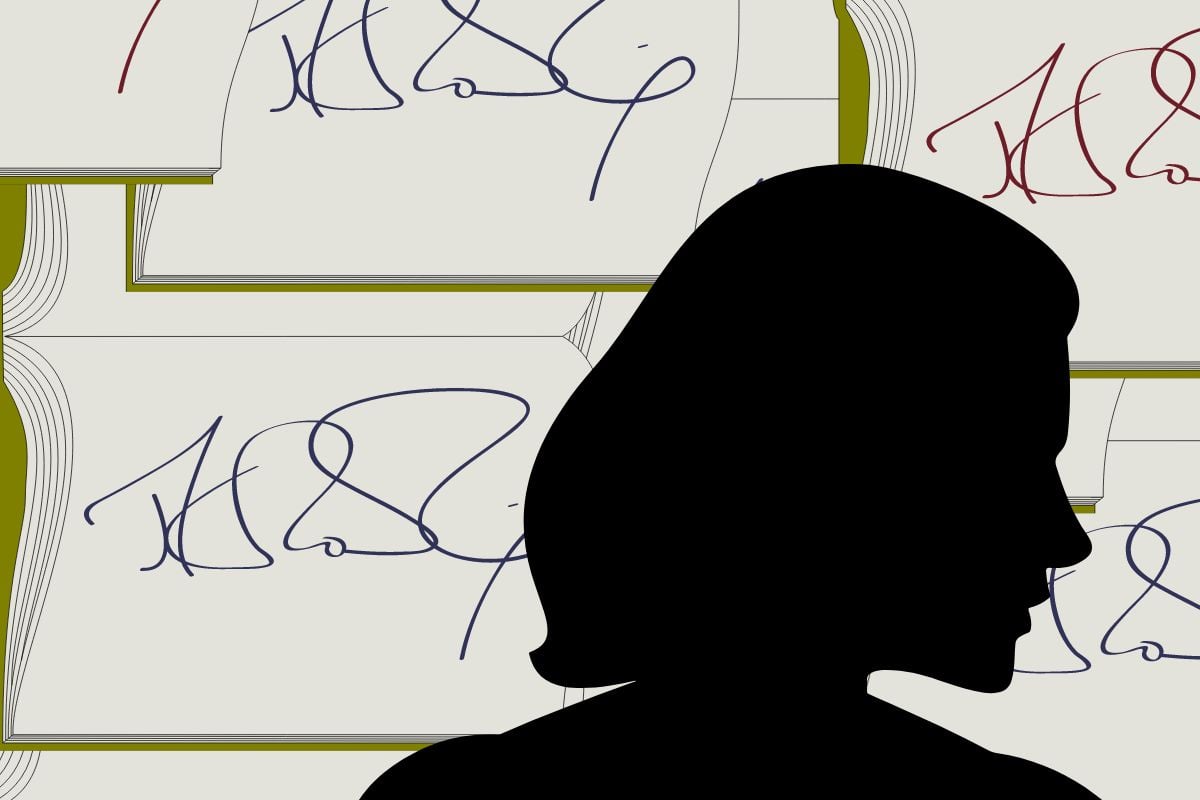 Silhouette of someone (supposed to be JK Rowling) over stacks of signed books. Image: Alyssa Shotwell & Creative Commons. https://en.m.wikipedia.org/wiki/File:JKRowlingsignature.svg