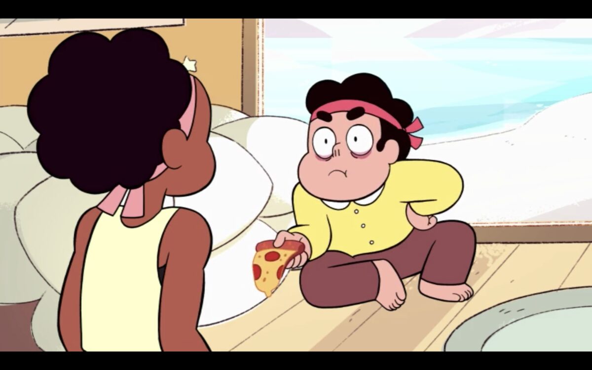 Steven Universe sits on his bed with dark circles under his eyes, handing a piece of pizza to Kiki.
