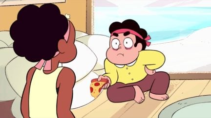Steven Universe sits on his bed with dark circles under his eyes, handing a piece of pizza to Kiki.
