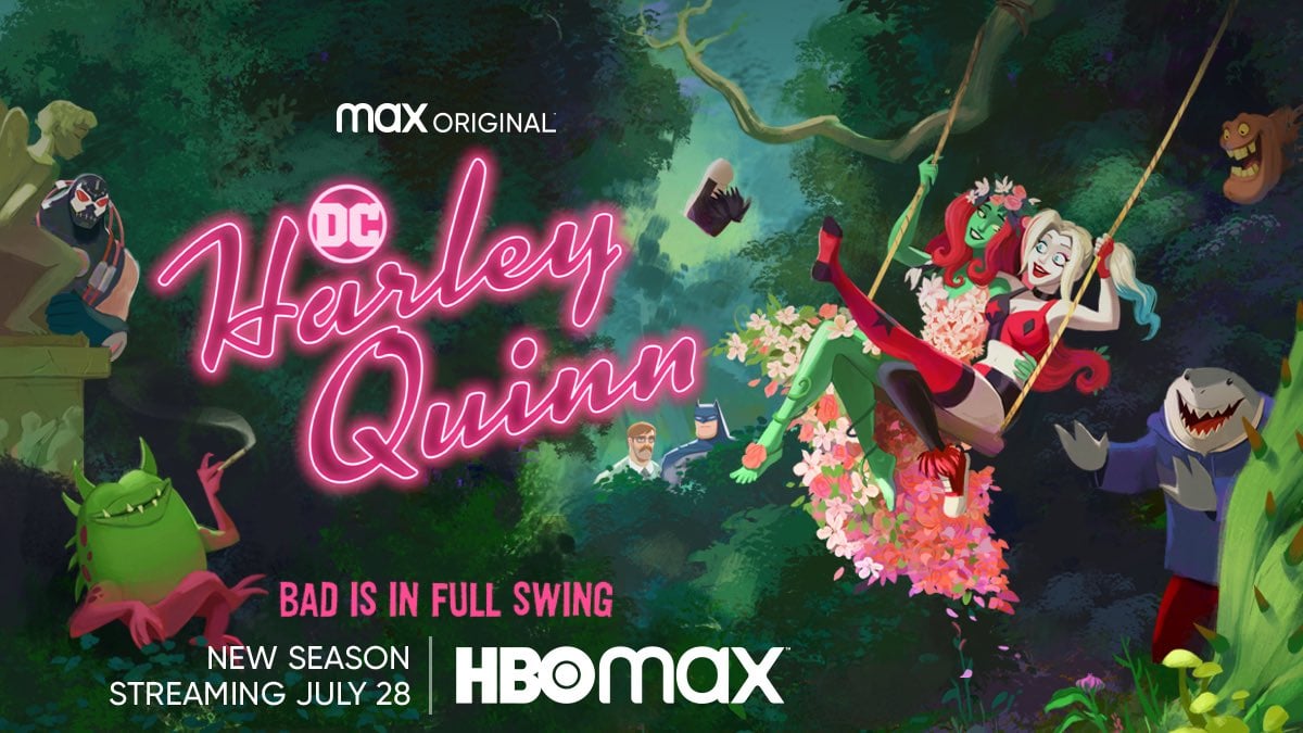 Key art for Harley Quinn: The Animated Series season three key art with Harley and Ivy on the Swing together. Other characters in the bushes. Images: HBO Max.