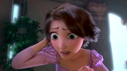 Rapunzel shocked right after her hair is cut in Tangled. Image: Disney.