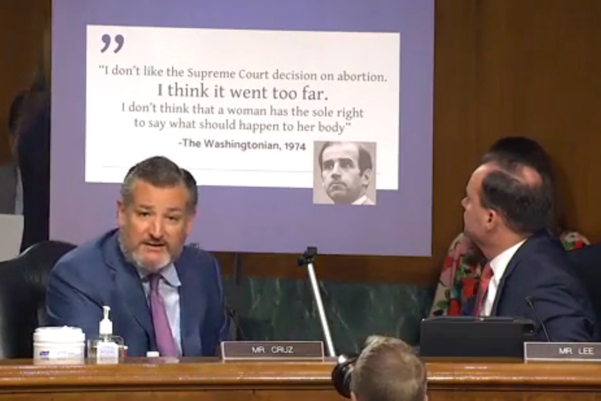 From the Senate, Ted Cruz speaks in front of a big stupid posterboard with a graphic of Joe Biden on it