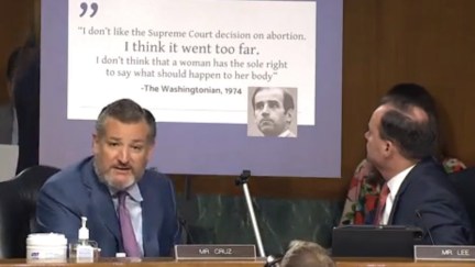 From the Senate, Ted Cruz speaks in front of a big stupid posterboard with a graphic of Joe Biden on it